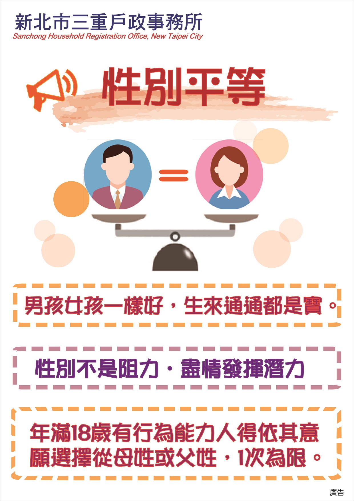 113年性平宣導海報1-男孩女孩一樣好，生來通通都是寶。性別不是阻力，盡情發揮潛力。年滿18歲有行為能力人得依其意願選擇從母姓或父姓，1次為限。