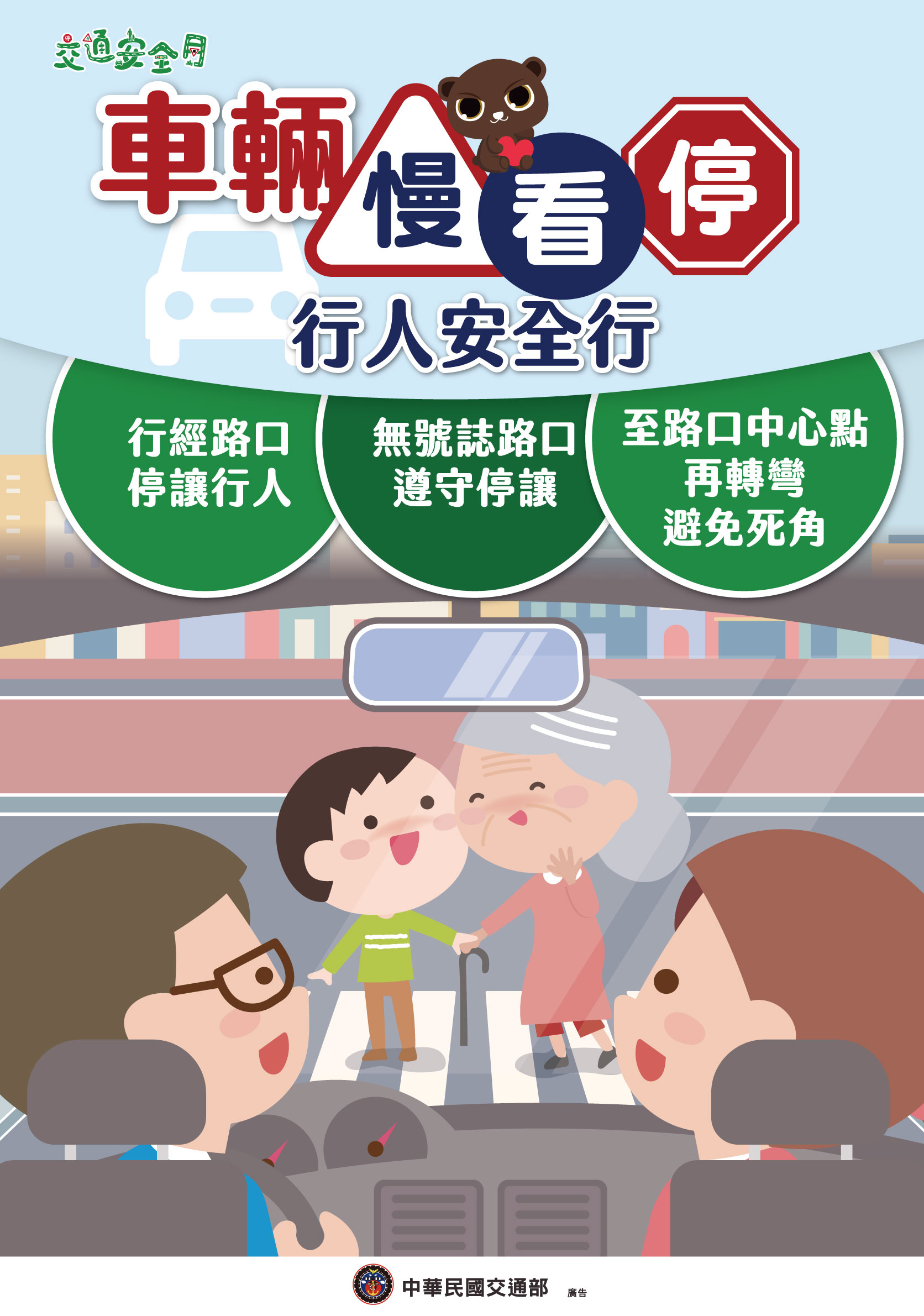 2025交通安全月海報-車輛慢看停、行人安全行