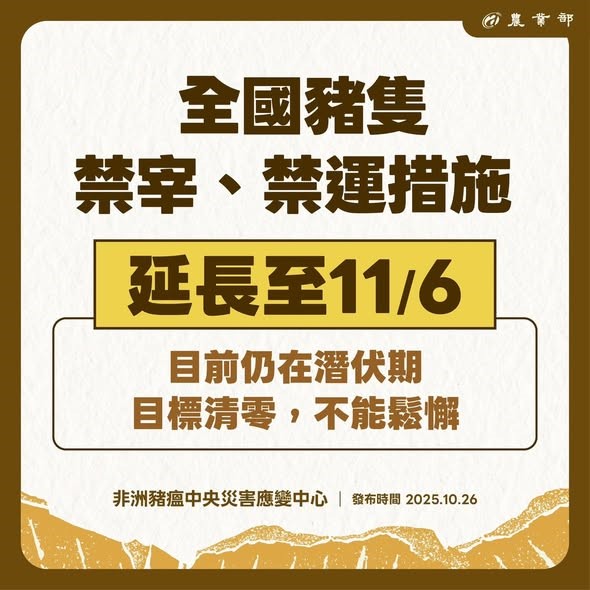 全國豬隻禁宰、禁運措施延長至11/6 目前仍在潛伏期 目標清零,不能鬆懈 全國豬隻禁宰、禁運措施延長至11/6 目前仍在潛伏期 目標清零,不能鬆懈
