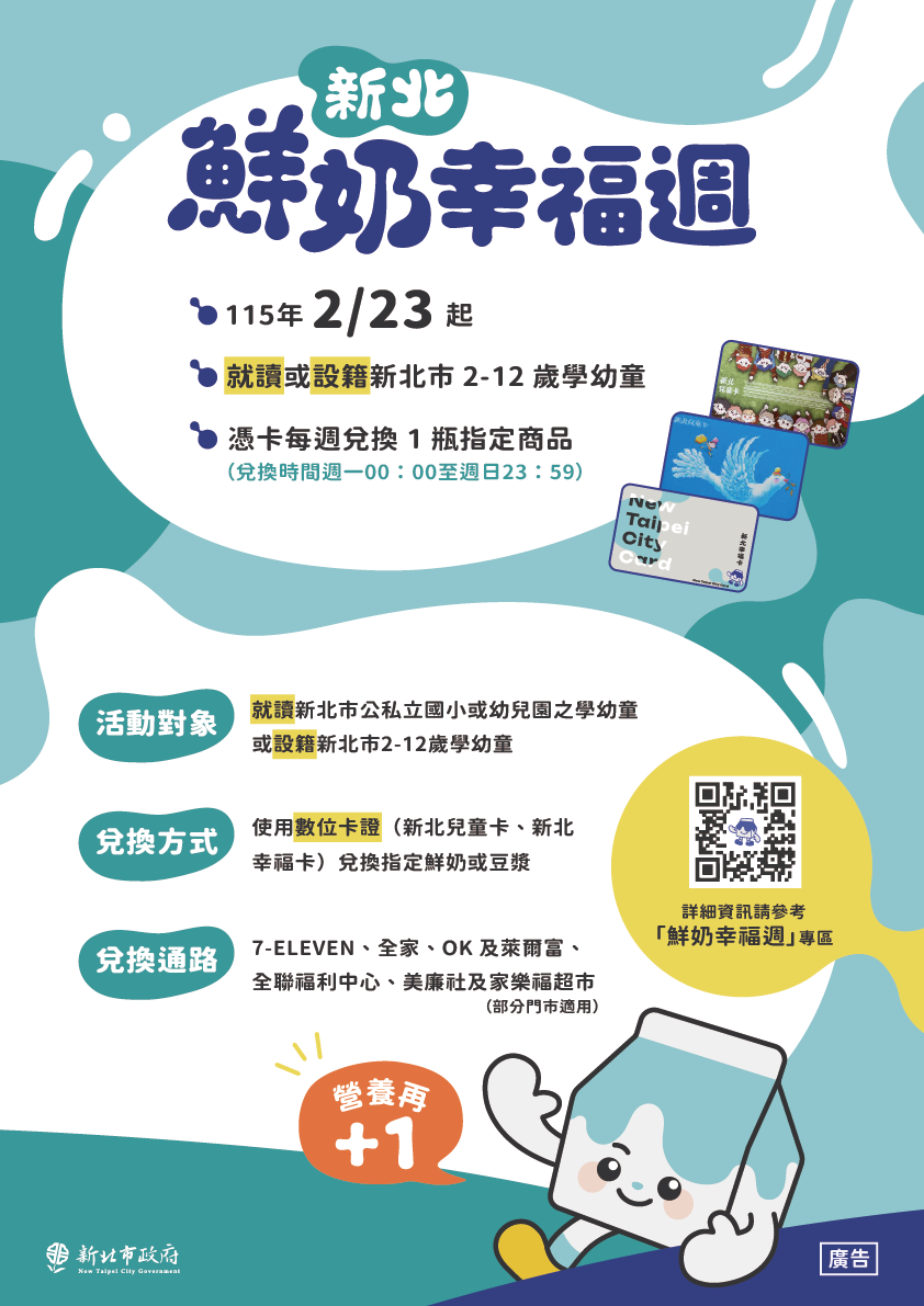 鮮奶幸福週115年2月23日起就讀或設籍新北市2-12歲學幼童憑卡每週兌換1瓶指定商品
